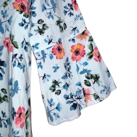 Loft Floral Tie Back Bell Sleeve Blue Breeze Mini Dress - Picture 4 of 11